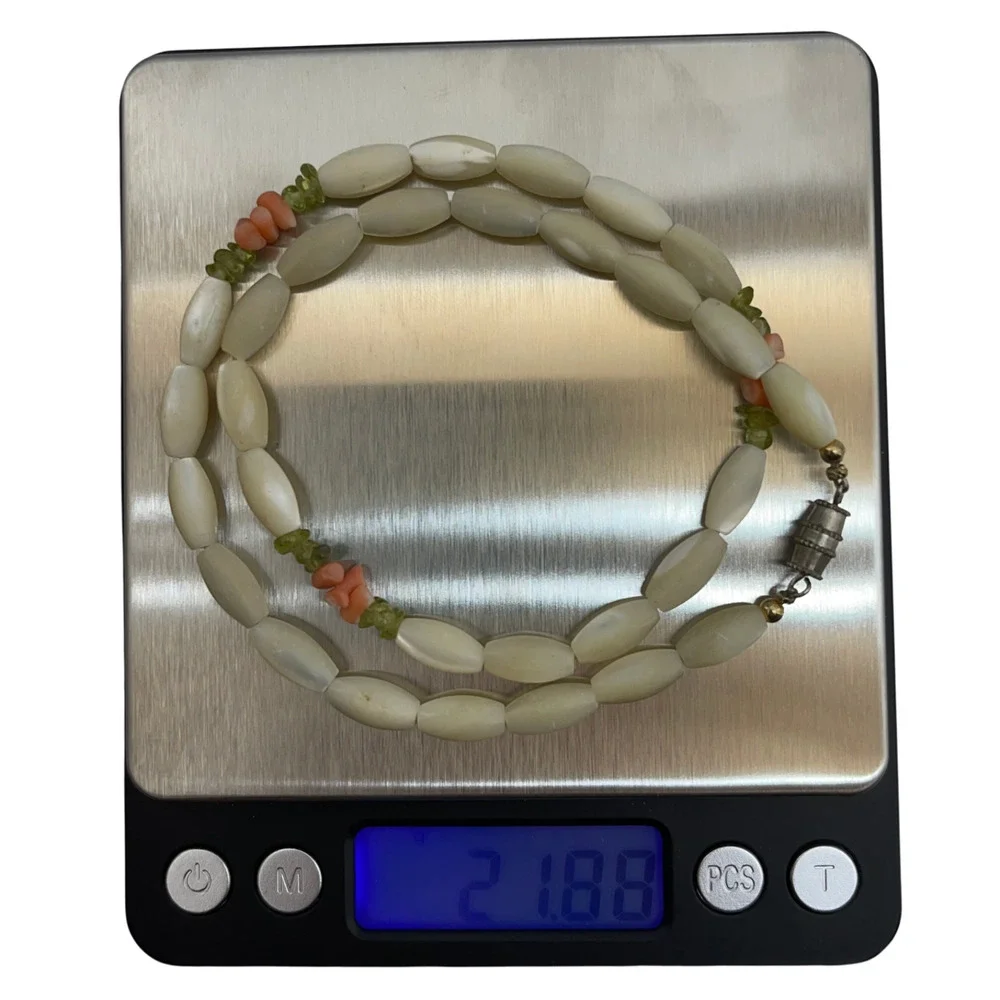 Vintage Mother of Pearl & Coral Stone Beaded Necklace 18